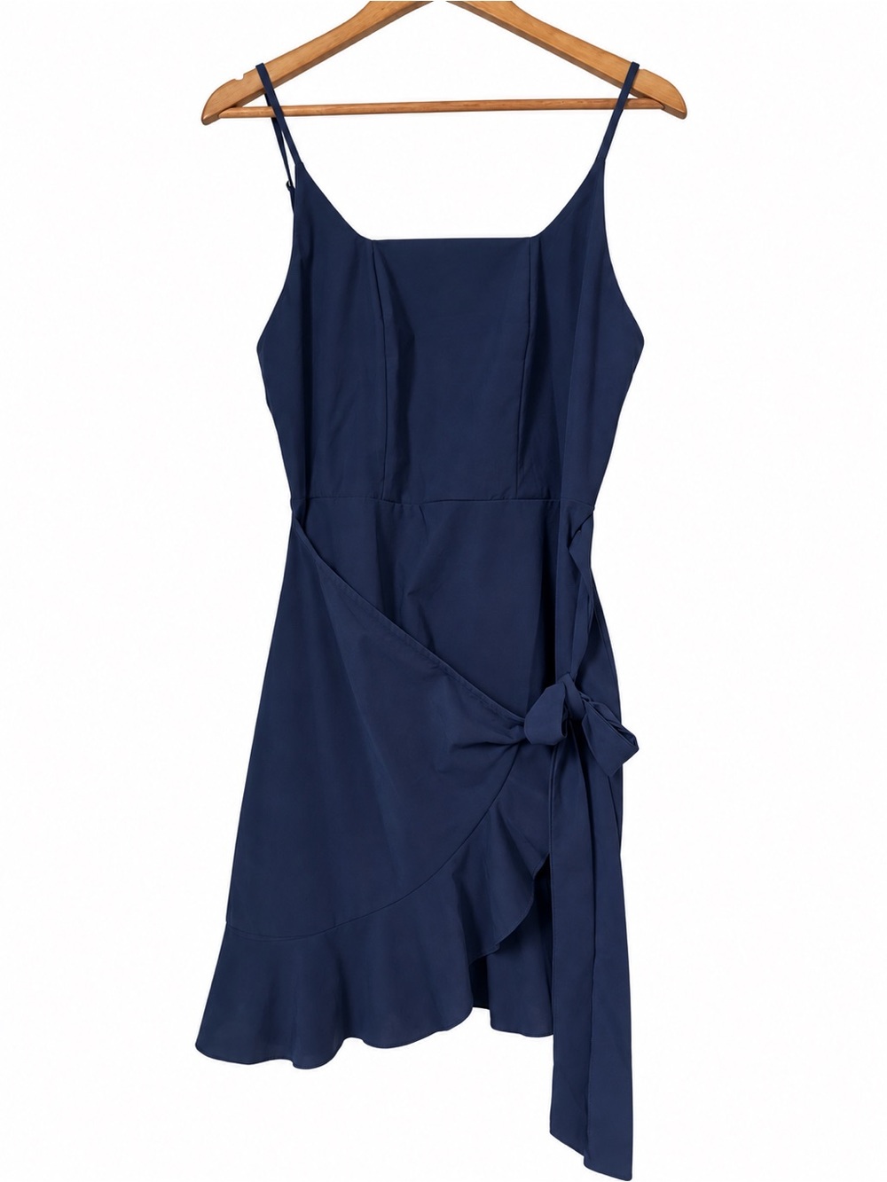 Navy Wrap Style Ruffle Mini Dress Size L Spaghetti Strap